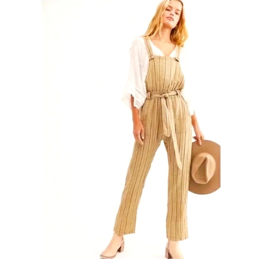 Free people Olive green striped 100% cotton overalls size xs